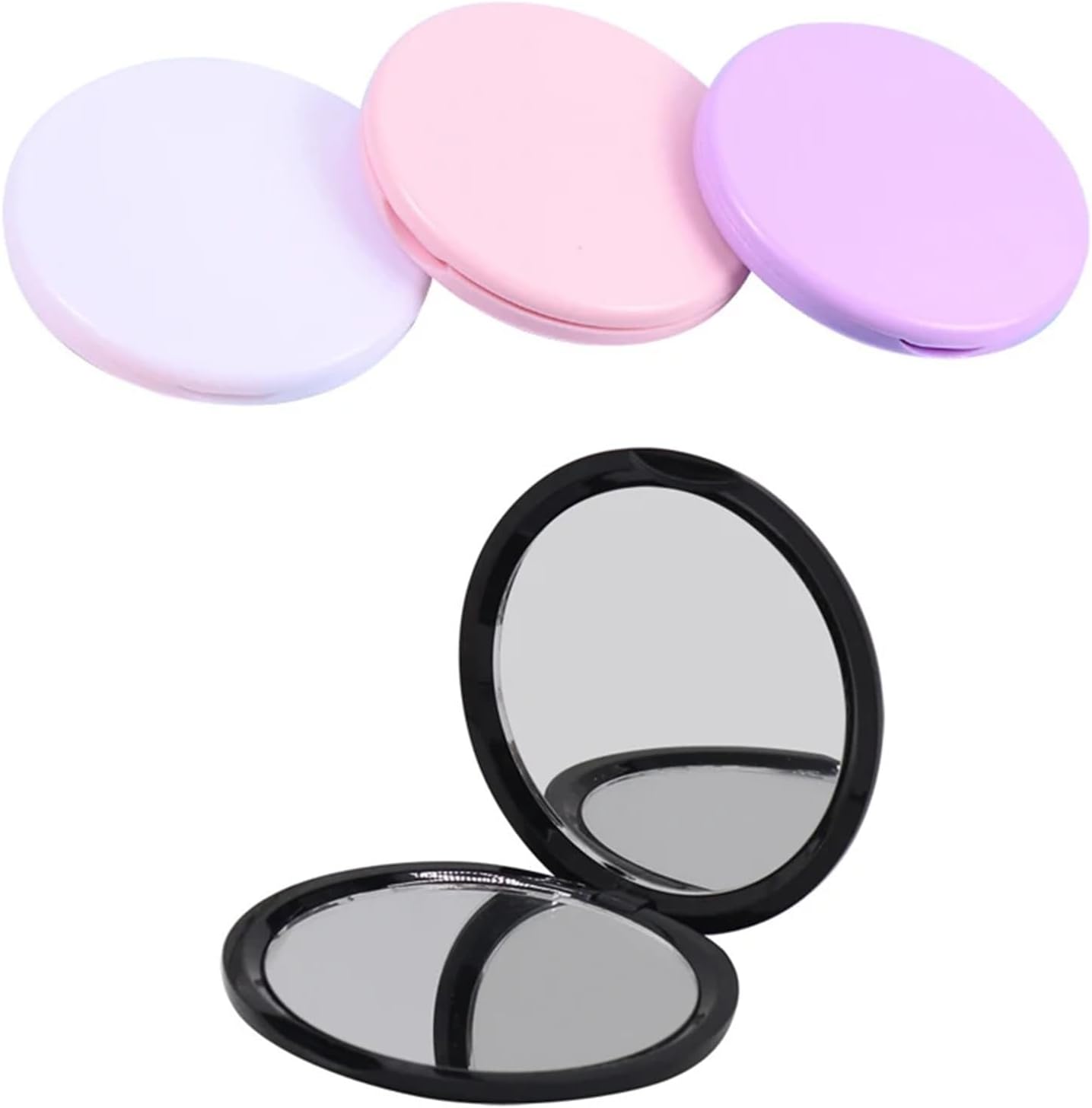Handheld Makeup Mirror Double Sided Mini Portable Pocket Folding Round for Travel Tool(Black-1)