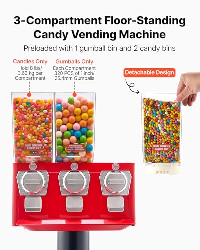 Image of VEVOR Candy Vending Machine, Triple Compartment Candy Vending Machine with Stand, Gumball & Candies Vendings Machines with Built-in Cash Box, Detachable, Vintage Candies Dispenser for Shops, Arcades
