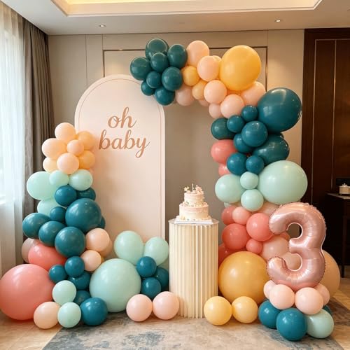Image of Boho Rainbow Balloon Arch Kit,Retro Colorful Balloon Garland with Dusty Teal Blue Yellow Light Orange Balloons and Retro Orange Fog Blue Balloon for Easters Autumn Birthday Sunshine Party Decoration