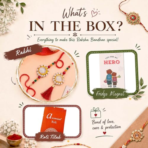 Image of ascension Fancy Handmade Couple Rakhi for Bhaiya Bhabhi Sister in Law with Pearl Work & Red Thread Bracelet Rakhi Combo for Raksha Bandhan with Roli Tilak & You are My Hero Fridge Magnet
