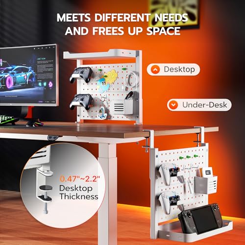 Image of ARES WING Desk Clamp On Pegboard with 16 inches Organizer Shelf, Adjustable Above or Under Desk Storage Shelf Holds 44 lbs, Magnetic Metal Peg Board for Office and Gaming Accessories, White