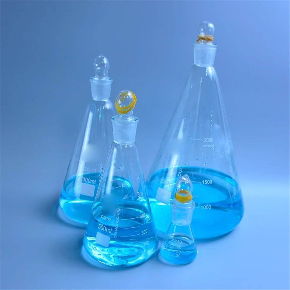 Cristalería de Laboratorio Matraz Erlenmeyer de vidrio de 150-2000 ml con tapa, de vidrio, for laboratorio, triangular, de 3,3 mm.(2000ml)