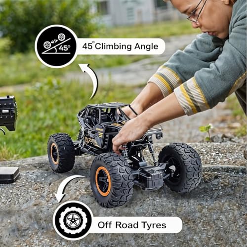 Image of Remote Control Rock Crawler Car for Kids | 4WD Off Road RC Car with Rechargeable Battery, High Speed Motor, Shock Absorber, Light | All Terrain Monster Truck Toy for Boys Girls