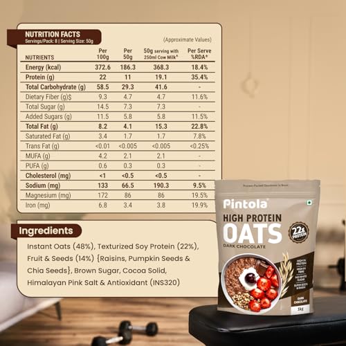 Image of Pintola High-Protein Oats Combo: Dark Chocolate 1kg + 400g | 22g Protein, No Refined Sugar, Almonds, Raisins, Pumpkin & Chia Seeds, 8g Fibre, Gluten-Free Breakfast Cereal