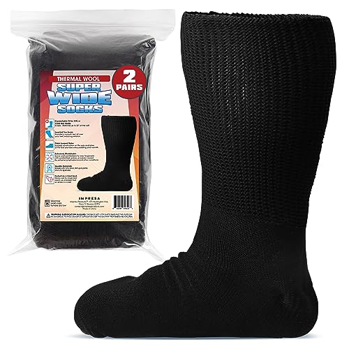 IMPRESA Wide Calf Men's Thermal Wool Socks - Black One Size XXL Knee-High - Extra Wide 30in Stretch Calf for Swollen Feet & Lymphedema