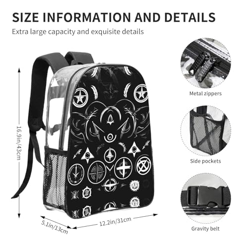 Supernatural Symbols Black Clear Backpack,High Capacity Clear Bag For Travel,Work,Festival, Concerts Women Men Unisex4