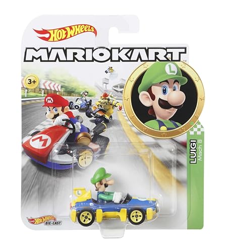 Hot Wheels Coche Mario Kart, Modelo Luigi Coche de Juguete, Color Surtido