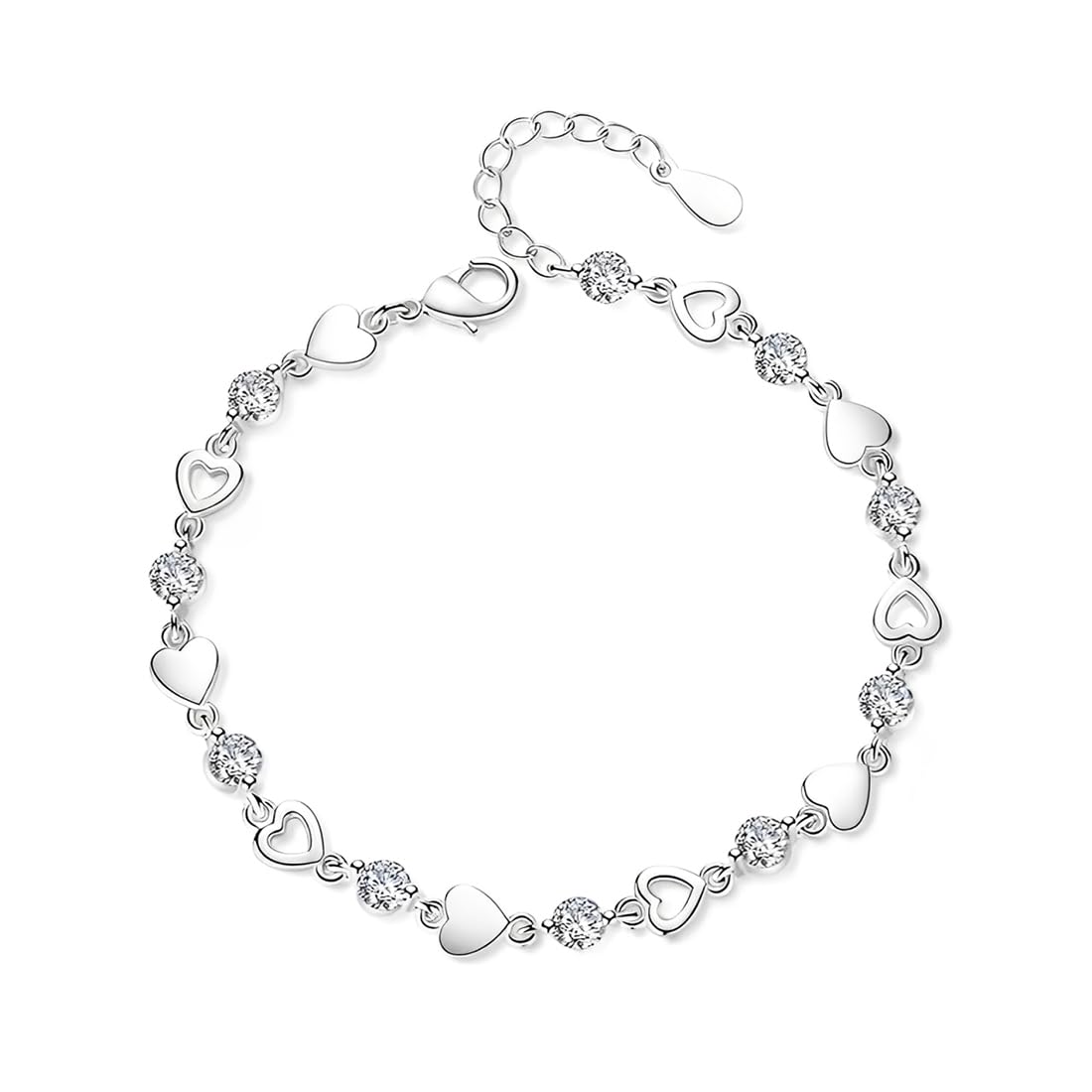 Pulseras para Mujer, Pulsera Mujer de Ley 925 con Circonita Brillante, Pulseras Deslizantes de Cadena Ajustable, Pulsera de Corazones para Mujer en Plata de Ley 925