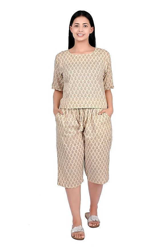 mukhaksh Women Girls Cambric Cotton Floral Printed Beige Night Suit Night Wear Top and Capri Set-picture-41