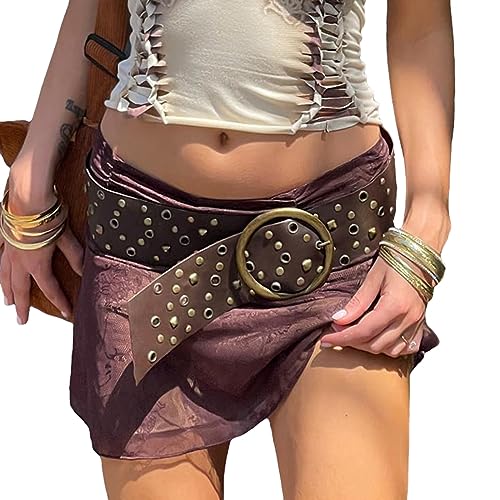 Seyumixi Women Western Vintage Metal PU Leather Belt Grommet Wide Waist Iron Bucklet Belt Grunge Y2k Accessories