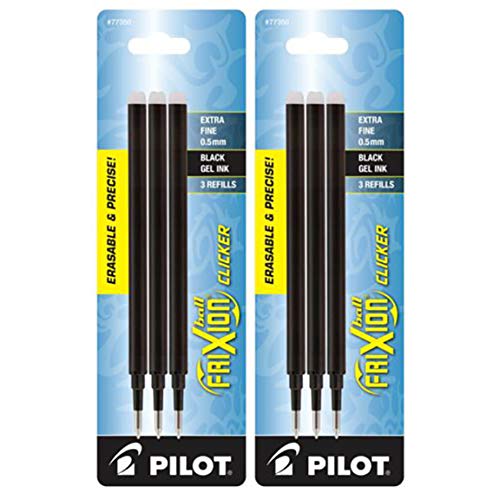 Pilot FriXion Ball Clicker Erasable Gel Ink Refills, Extra Fine Point, 0.5mm, Black Ink, 6 Refills