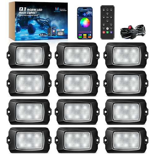 MICTUNING Q1 RGBW LED Rock Lights, APP & Remote Dual Control, 12 Pods Pure Color Underglow Neon Lighting with Wiring Switch Kit for Trucks Cars ATV UTV Golf Carts (2 Year Warranty)