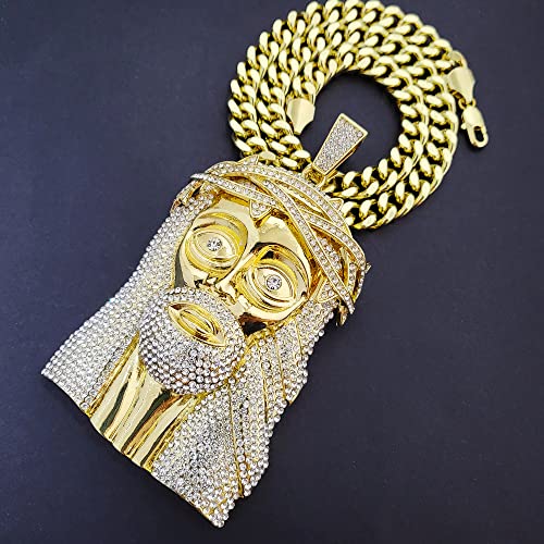 Iced Gold Plated Simulated Diamond Jumbo Size Jesus Head Pendant & 10mm 18" 20" 24" 30" Cuban Chain Hip Hop Rapper Style Jewelry Fashion Necklace Gift, halloween3