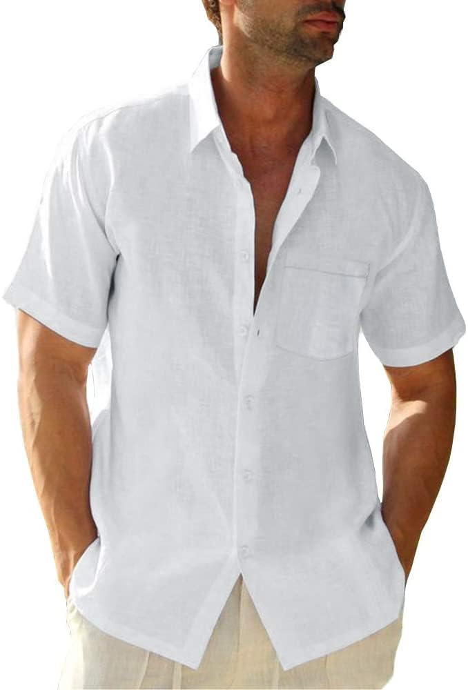 Glacspyg Leinenhemd Herren Kurzarmhemd Arbeit Freizeithemd Fitted Business Casual Urlaub Sommer Strand mit Tasche