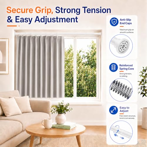 Image of ALLZONE Adjustable Tension Curtain Rod, 42 to 78 Inches, Spring Loaded Curtain Rods No Drilling, Renter Friendly Tension Rod for Windows, Shower, Closet, No Drill, Non-Slip, White