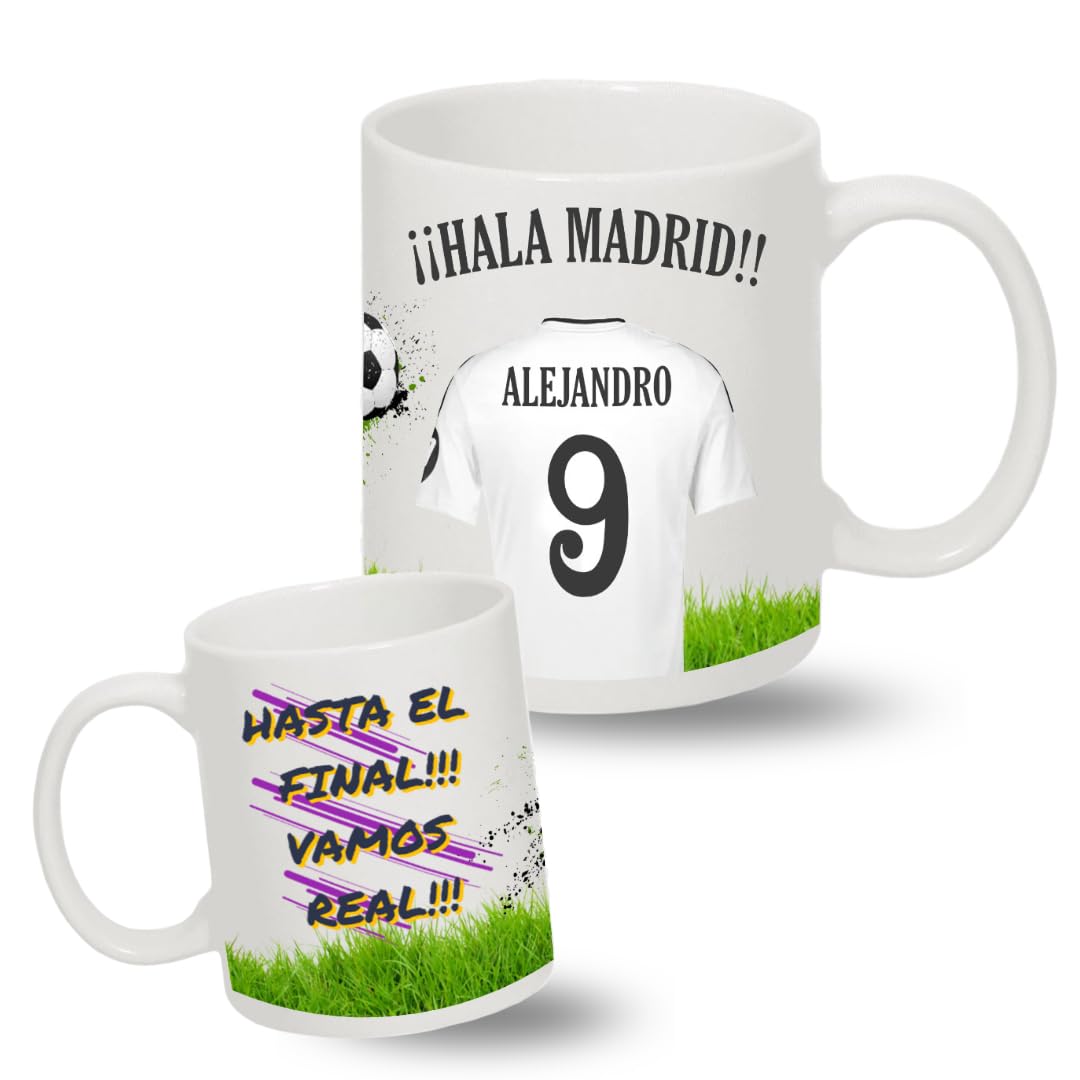 Taza personalizada del Madrid - Regalos originales - Regalos futbol - Camiseta equipos de futbol - Personaliza tu taza con tu nombre y tu numero - Regalos niños R Madrid
