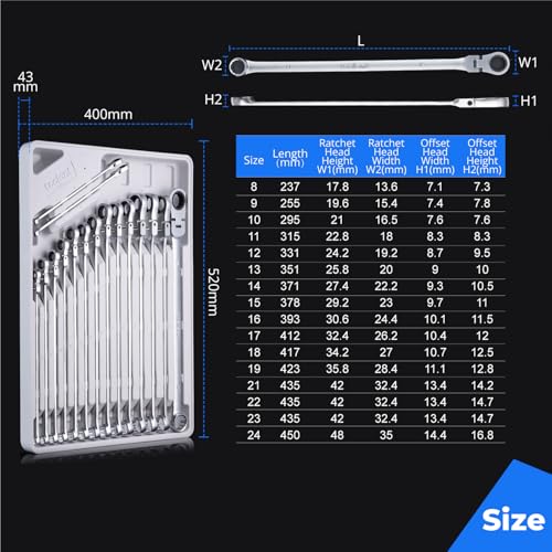 Image of toolant Extra Long Ratcheting Wrench, Flex Head & Fixed Offset Head Double Box End Combination Wrench, CR-V Steel, Metric 8mm