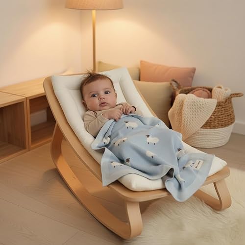 Miniatura 8 de Manta de punto para bebé para niños, 100% algodón, suave, acogedora, ligera, para recién nacidos, bebés y niños pequeños (oveja, azul bebé)