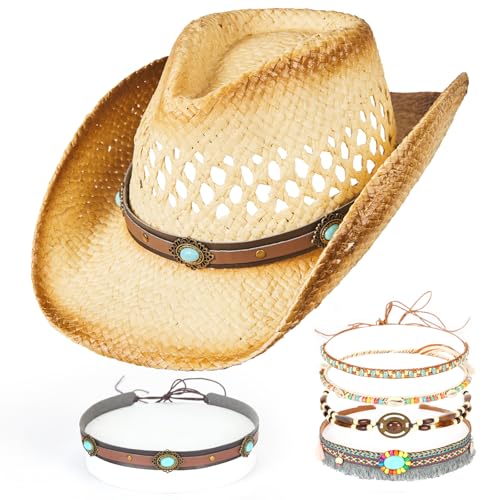 Image of Straw Cowboy Hat for Women & Men Western Cowgirl Hat Woven Sun Hat Adjustable Decorative Cowboy Hats with 5 Detachable Decorative Bands for Party Beach Travel & Outdoor Brown