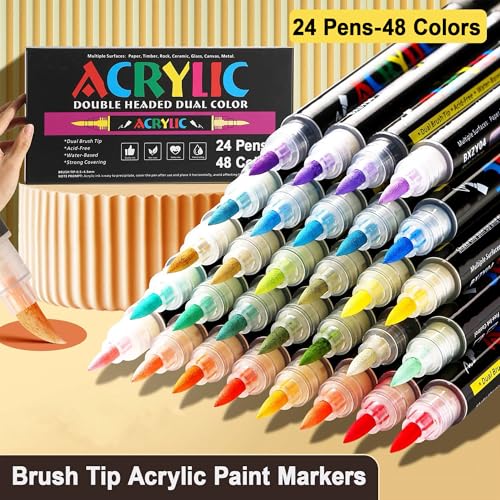 Image of KLIFFOO 48 Colors Acrylic Paint Markers,24Pcs Dual Head Brush Tip Sketch Pen for Painting,Sketching,Calligraphy, Permanent Colouring Marker Pen for Rock,Canvas,Wood, Glass,Fabric (48 Colors 24 Pcs)