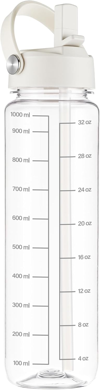 GOPPUS 32oz Clear Water Bottle with Flip Straw, Lightweight, Leakproof, Easy Carry and BPA-Free, Tritan Water Bottlefor Sport, Travel, Outside (Clear White)