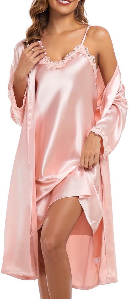 SPLASHGRIP Women's Satin Nightgown with Robes Set 2 Piece Sexy Satin Bathrobe Set Bridal Nightwear V-Neck Cami Sleepwear