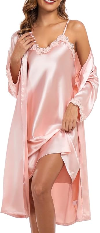 SPLASHGRIP Women's Satin Nightgown with Robes Set 2 Piece Sexy Satin Bathrobe Set Bridal Nightwear V-Neck Cami Sleepwear