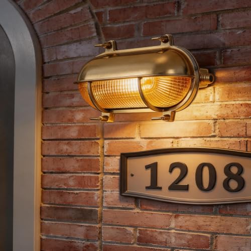 Image of Sunluck Brass Nautical Bulkhead Light,Grid Oval Wall Light,Brass Half Cover Lampshade,Ceiling Mount Light,Waterproof IP65,Rust Resistant,for Wet Location Bath,Seaside,Ship,Basement