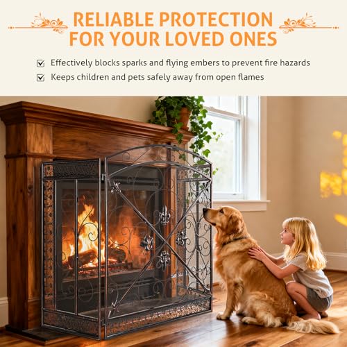 Image of WICHEMI 3 Panel Fireplace Screen for Fireplace Gate Decorative Fireplace Screens Stand Alone 52.4 x 31inch Wrought Iron Black Metal Spark Guard Fireguards Mesh Cover Fence Fire Place Cover (Bronze)