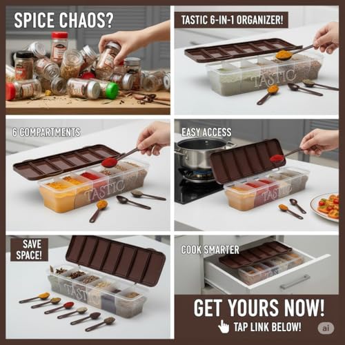 Image of TASTIC Multipurpose 6-in-1 Masala Box for Kitchen| Airtight BPA-Free Plastic 6 Section Storage Container with 6 Spoons, 1800 ml Transparent Pickle Box for Spices| Dry Fruits, Snacks Pack Of 1 Blue
