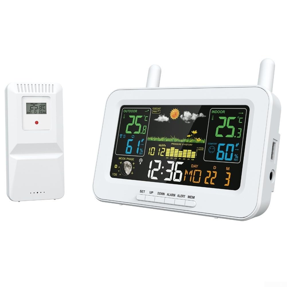 Wireless Weather Station Clock Rechargeable, Colour Screen Indoor Outdoor Temperature Humidity Forecast Moon Phase Electronic Clock(White UK)