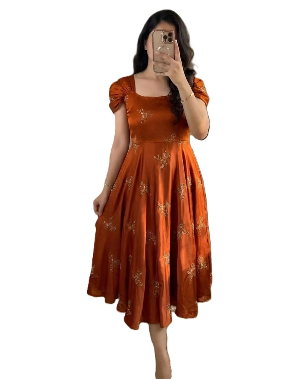 Women's Fit & Flare Midi Dress | Puff Sleeve Square Neck Party Dress-picture-43