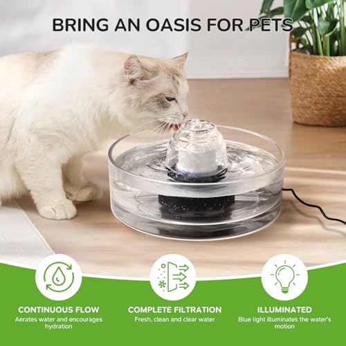 Image of 2.7L Glass Pet Fountain -Transparent Glass Cat Water Fountain & Little Dog Drinking Bowl- Automatic Cat Water Dispenser-Ultra-Quiet Pump 1 Filters & 1 Sponges