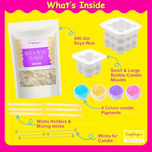Image of Craftinger DIY Bubble Candle Making Kit with 400gm SOYA Wax | 2 Different Size Silicon Molds | 4 Pigment | Wicks & Sticks | Beginner Kit for Kids & Adults | Ideal for Birthday Gifts, Craft Lover