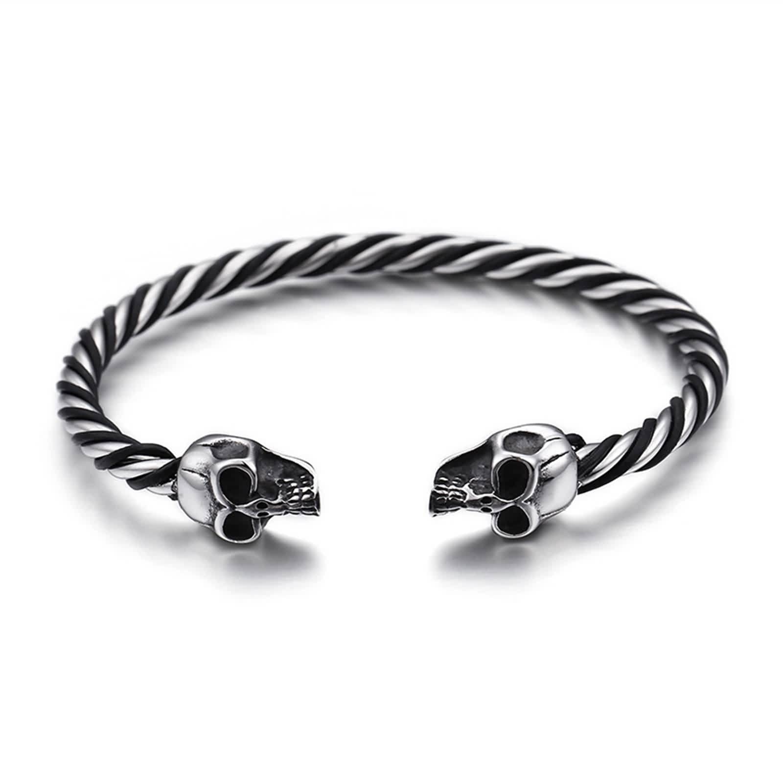 Bracelet Mode, Bracelet pour Homme Tête de Mort Acier Inoxydable Cuir Noir Ajustable 21CM 4.5MM Cool Bijoux Cadeau
