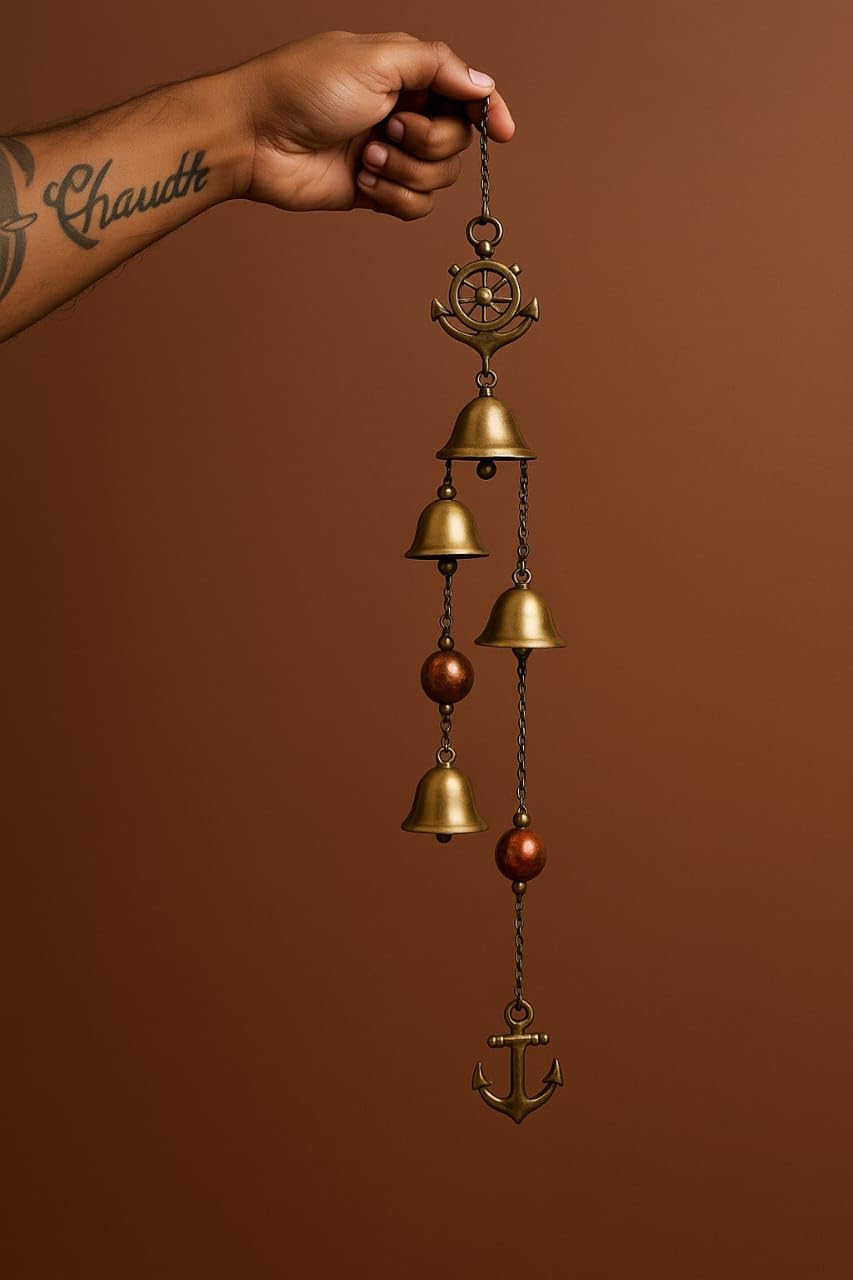 Nautical Wind Chime with Brass Bells, Wooden Beads, Ship Wheel and Anchor Design-image-34