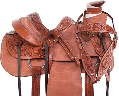 Aamish Rough Out Western Leather A Fork Wade Tree Roping Ranch Horse Saddle With Headstall, Breastplate, Rein And Stirrup #TOP2