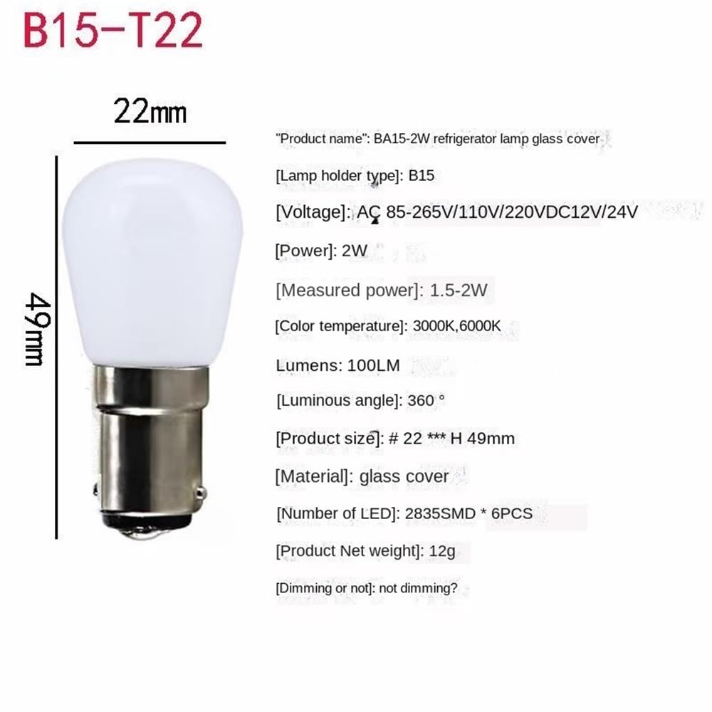 RZL Lighting, Confezione da 50 lampadine a LED for frigorifero AC220V 0,7 W/1,5 W T22B E14/E12/B15 con coperchio in vetro lattiginoso(Warm White 3000K,0.7W E12)