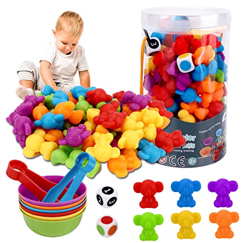 vvhippo Montessori Brinquedo educativo, brinquedos para crianças contar 48 peças conjunto de combinação de contar matemática Montessori com tigela, pinças, brinquedo para crianças de 3 4 5 anos