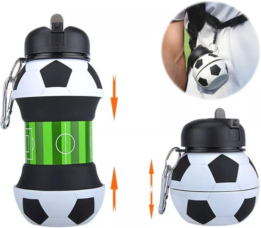 Botella de agua plegable para niños y niñas sin bpa. Cantimplora infantil para camping, personalizada con tu deporte. Balón de agua compacto para regalo original (Futbol)