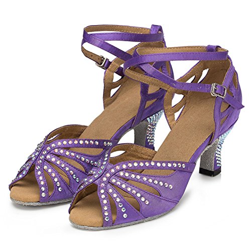 Minishion Women's Th162 Crystals Cross Strap Purple Satin Wedding Ballroom Latin Taogo Dance Sandals Us 7.5 #TOP1