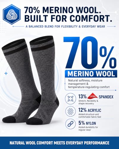 Image of 70% Merino Wool Compression Socks For Women Men, 15-20 mmHg