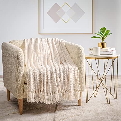 Knitted Throw Blanket for Couch & Bed - Super Soft Chenille Knit Blanket & Throw for Sofa - Ivory Woven Throw Blanket Perfect for Any Room Decor