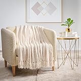 Knitted Throw Blanket for Couch & Bed - Super Soft Chenille Knit Blanket & Throw for Sofa - Ivory Wo