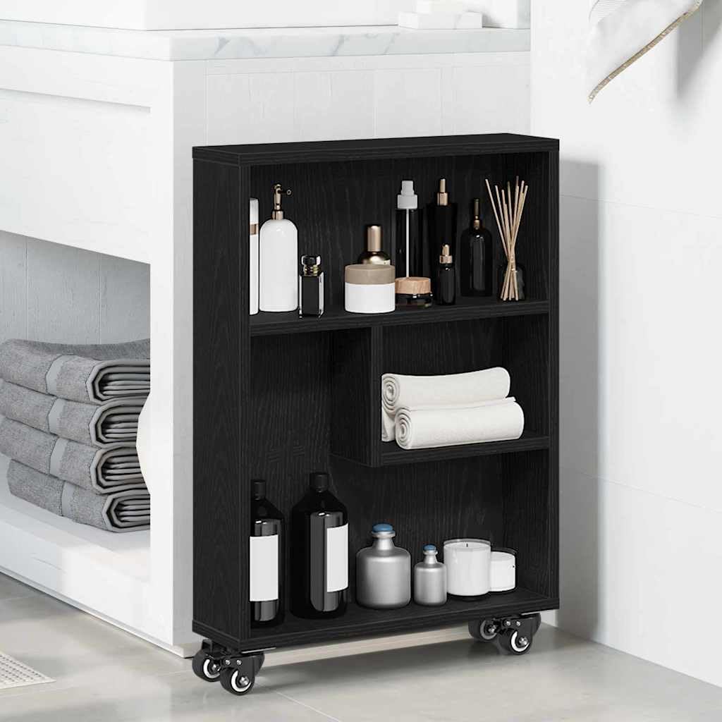 Schmaler Aufbewahrungswagen Schwarz Eichen-Optik 48x13x69cm | Kompakter Nischenwagen aus Holzwerkstoff mit 3 Etagen für Küche, Bad oder Büro. Maximiert schmale Räume stilvoll.