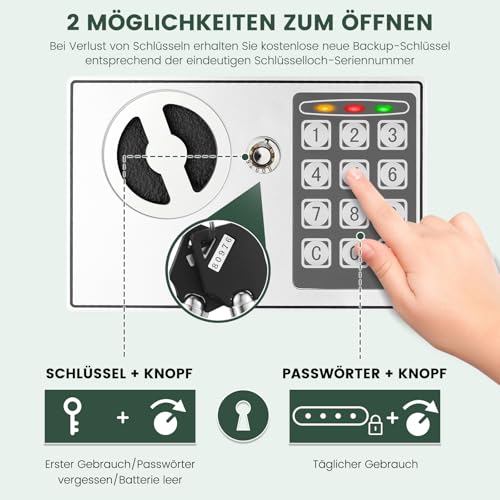 Mini Safe Tresor für Zuhause, Digitaler Tresor mit Ersatzschlüssel, Abnehmbarem Regal und Alarmanlage, Wandtresor mit Zahlenschloss für Bargeld Wichtiger Dokumente