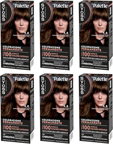 Syoss by Palette Colorazione Permanente 4-8 Castano Cioccolato, Colorazione capelli permanente con Cheratina, Copertura dei capelli bianchi e fino a 100 giorni di colore intenso, confezione da 6