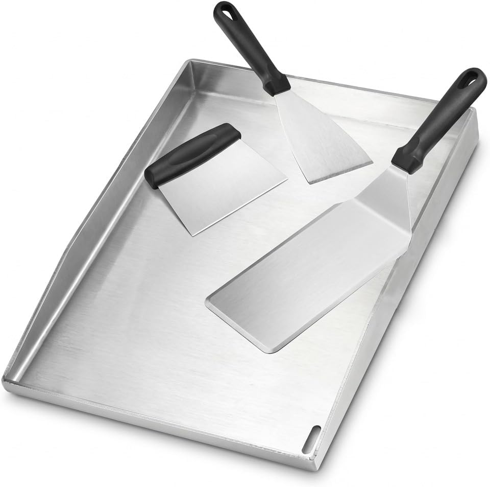 WELL GRILL Płyta grillowa ze stali nierdzewnej o grubości 4 mm (40 x 30 cm) – BBQ grill gazowy Plancha, mata grillowa z zestawem szpachli do grillowania, kompletnie zabezpieczona przed wyciekiem