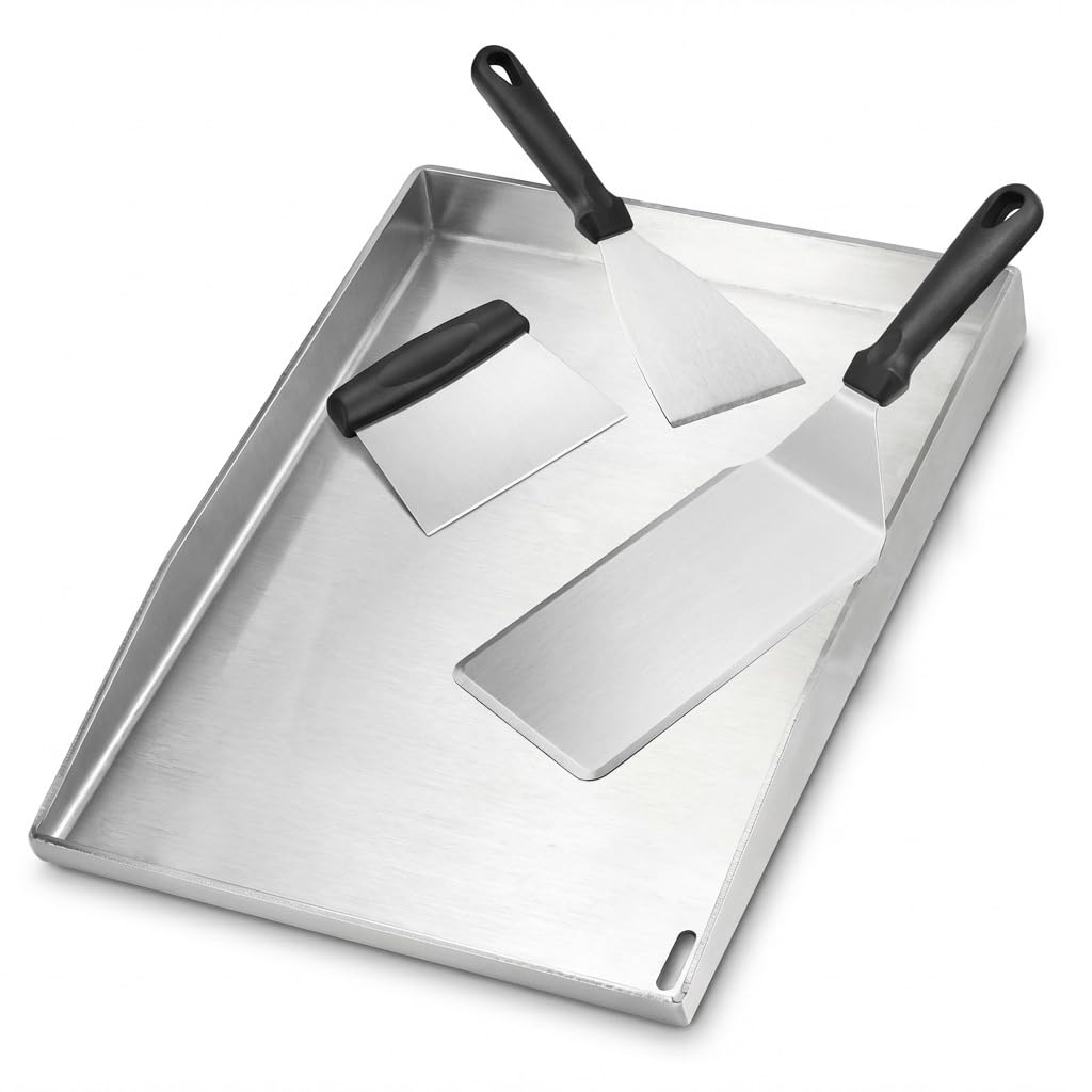 WELL GRILL Plancha Grillplatte Edelstahl 4mm für Gasgrill & Holzkohlegrill, 40 x 30cm BBQ Plancha Grillplatte mit Grillspachtel Set, Rundum Auslaufen