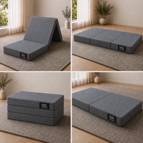 Image of LOOM & NEEDLES 3-Layer Tri-Fold Single Folding Mattress | Medium Firm Memory Foam, Aeroflow & 28D Premium HR Support Portable Foldable Guest Floor Bed | Hostel, Travel & Camping | 72x36x4 Inch
